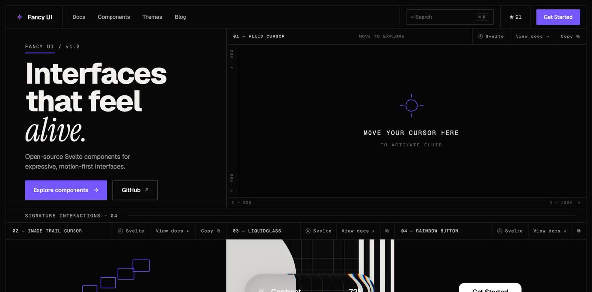 fancy-ui.rama.app homepage — 'Interfaces that feel alive', live fluid-cursor demo